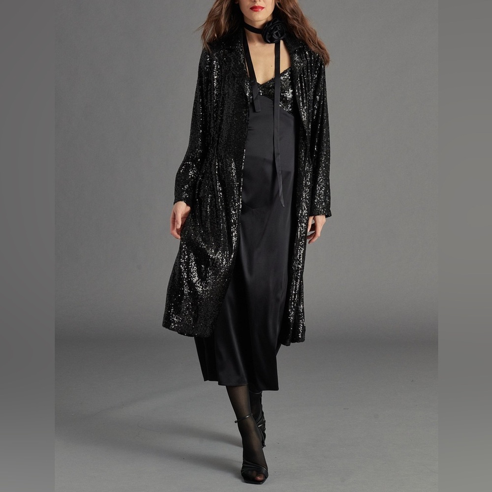 NWT!$1150! J.Crew 765 Madison Openfront Cardigan Belted Sequined Black Duster S2